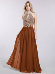 Halter Chiffon with Gold Appliqued Dress Terracotta