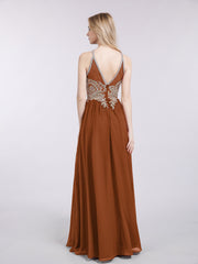 Halter Chiffon with Gold Appliqued Dress Terracotta