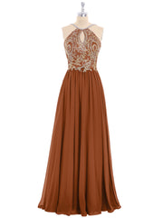 Halter Chiffon with Gold Appliqued Dress Terracotta