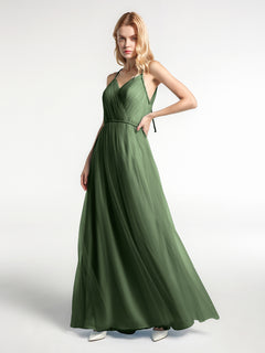 Twist Straps Tulle Maxi Dress with V Neckline Olive Green