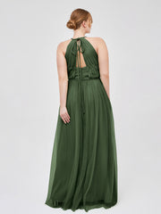 Twist Straps Tulle Maxi Dress with V Neckline Olive Green