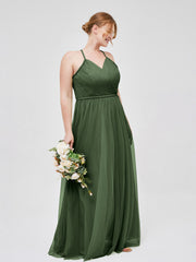 Twist Straps Tulle Maxi Dress with V Neckline Olive Green Plus Size