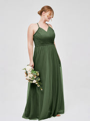 Twist Straps Tulle Maxi Dress with V Neckline Olive Green