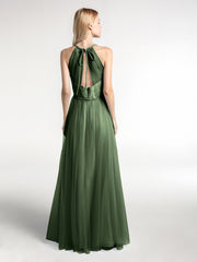 Twist Straps Tulle Maxi Dress with V Neckline Olive Green