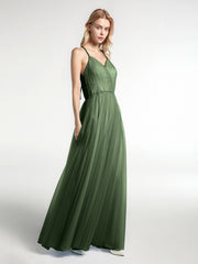 Twist Straps Tulle Maxi Dress with V Neckline Olive Green