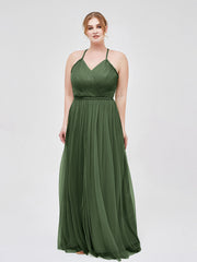 Twist Straps Tulle Maxi Dress with V Neckline Olive Green
