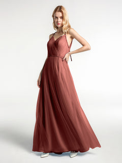 Twist Straps Tulle Maxi Dress with V Neckline Terracotta