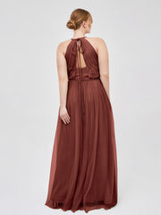 Twist Straps Tulle Maxi Dress with V Neckline Terracotta