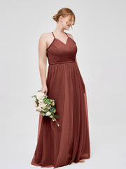 Twist Straps Tulle Maxi Dress with V Neckline Terracotta Plus Size