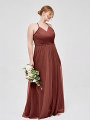 Twist Straps Tulle Maxi Dress with V Neckline Terracotta