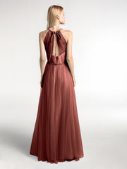 Twist Straps Tulle Maxi Dress with V Neckline Terracotta