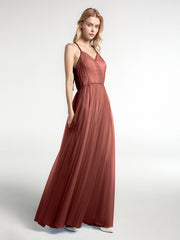 Twist Straps Tulle Maxi Dress with V Neckline Terracotta