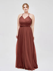 Twist Straps Tulle Maxi Dress with V Neckline Terracotta