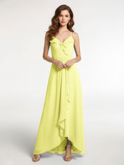 Spaghetti Strap Ruffles High Low Chiffon Dress-Daffodil