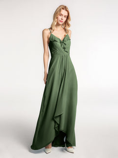 Spaghetti Strap Ruffles High Low Chiffon Dress-Olive Green