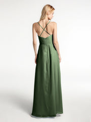 Spaghetti Strap Ruffles High Low Chiffon Dress-Olive Green