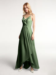 Spaghetti Strap Ruffles High Low Chiffon Dress-Olive Green