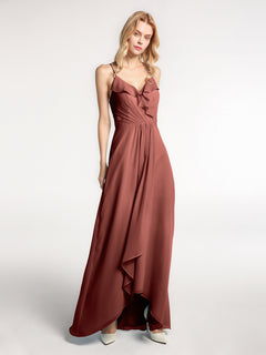 Spaghetti Strap Ruffles High Low Chiffon Dress-Terracotta