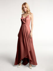 Spaghetti Strap Ruffles High Low Chiffon Dress-Terracotta