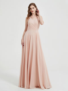 V-neck Cross Back Chiffon Bridesmaid Dresses-Pearl Pink