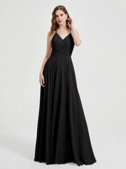 V-neck Cross Back Chiffon Bridesmaid Dresses-Black