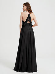 V-neck Cross Back Chiffon Bridesmaid Dresses-Black
