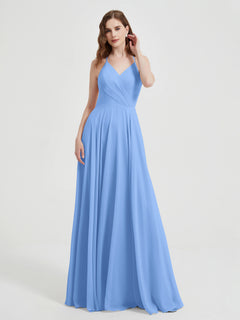 V-neck Cross Back Chiffon Bridesmaid Dresses-Blue Plus Size