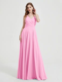 V-neck Cross Back Chiffon Bridesmaid Dresses-Candy Pink