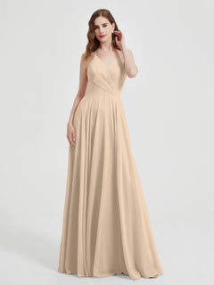 V-neck Cross Back Chiffon Bridesmaid Dresses-Champagne