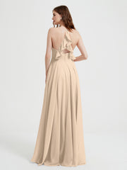 V-neck Cross Back Chiffon Bridesmaid Dresses-Champagne