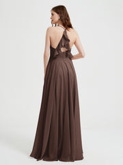 V-neck Cross Back Chiffon Bridesmaid Dresses-Chocolate