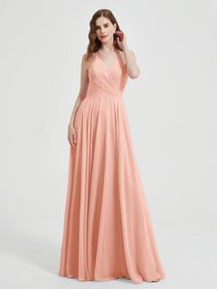 V-neck Cross Back Chiffon Bridesmaid Dresses-Coral