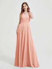 V-neck Cross Back Chiffon Bridesmaid Dresses-Coral