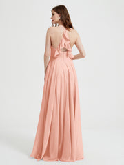 V-neck Cross Back Chiffon Bridesmaid Dresses-Coral