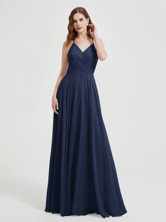 V-neck Cross Back Chiffon Bridesmaid Dresses-Dark Navy