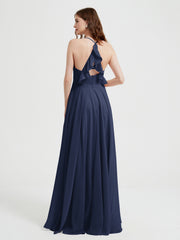 V-neck Cross Back Chiffon Bridesmaid Dresses-Dark Navy