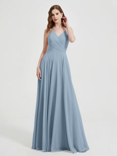 V-neck Cross Back Chiffon Bridesmaid Dresses-Dusty Blue Plus Size