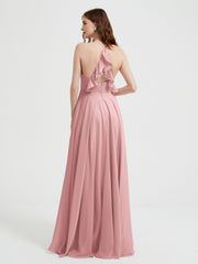 V-neck Cross Back Chiffon Bridesmaid Dresses-Dusty Rose