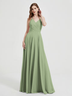 V-neck Cross Back Chiffon Bridesmaid Dresses-Dusty Sage