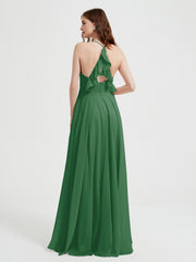 V-neck Cross Back Chiffon Bridesmaid Dresses-Emerald