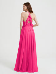 V-neck Cross Back Chiffon Bridesmaid Dresses-Fuchsia