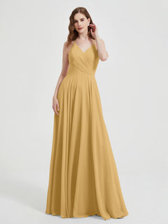 V-neck Cross Back Chiffon Bridesmaid Dresses-Gold Plus Size