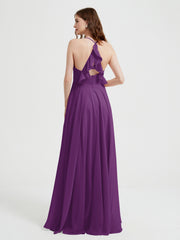 V-neck Cross Back Chiffon Bridesmaid Dresses-Grape