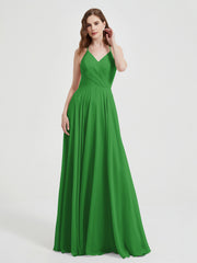 V-neck Cross Back Chiffon Bridesmaid Dresses-Green