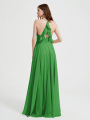 V-neck Cross Back Chiffon Bridesmaid Dresses-Green