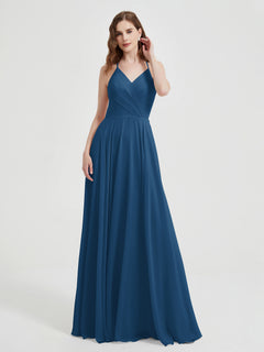 V-neck Cross Back Chiffon Bridesmaid Dresses-Ink Blue