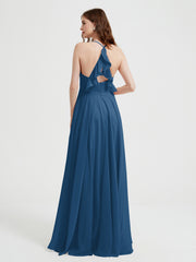V-neck Cross Back Chiffon Bridesmaid Dresses-Ink Blue