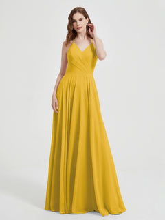 V-neck Cross Back Chiffon Bridesmaid Dresses-Marigold