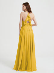 V-neck Cross Back Chiffon Bridesmaid Dresses-Marigold
