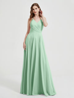 V-neck Cross Back Chiffon Bridesmaid Dresses-Mint Green